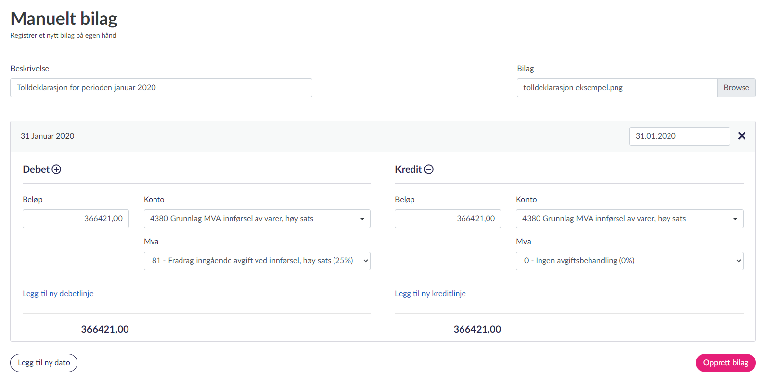 Her er et eksempel på hvordan føringen skal se ut i DigiTALL Regnskap